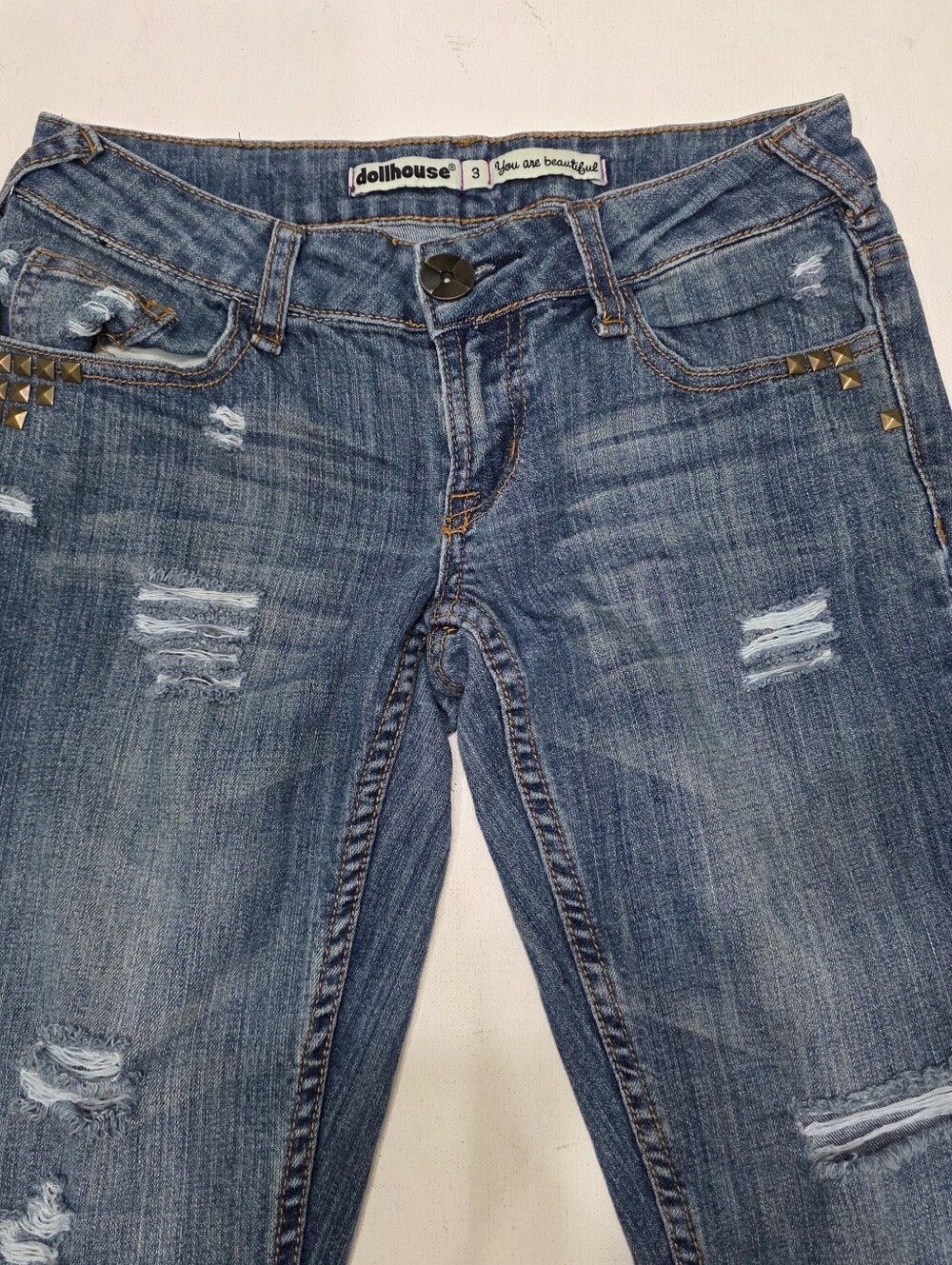 Y2K Dollhouse Low Rise Distressed Studded Jeans Women Size 3 Blue Denim JF-2131